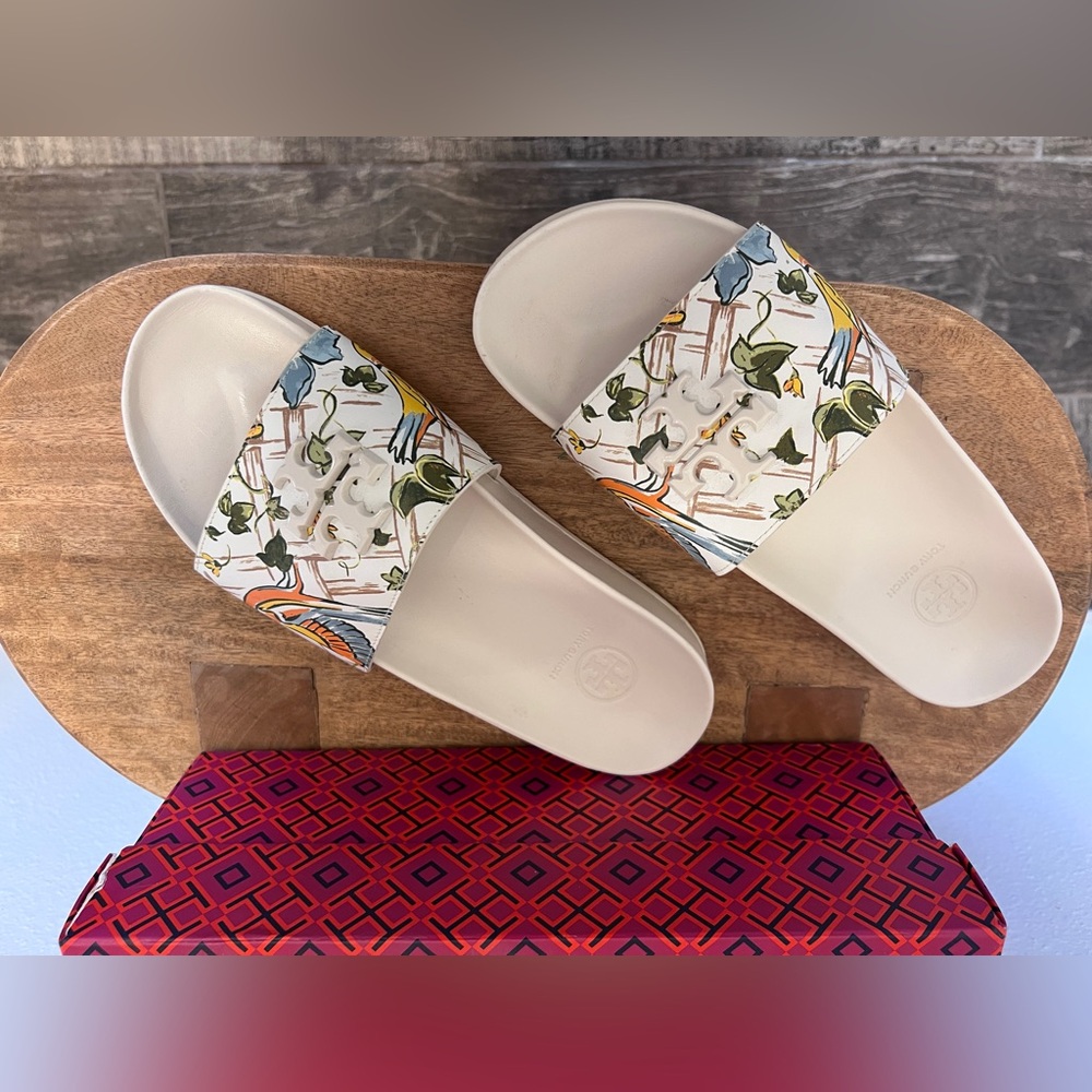 Tory Burch Everly Calf Leather Printed Birds Anatomic Slide Sandal Size 8 - Picture 5 of 7